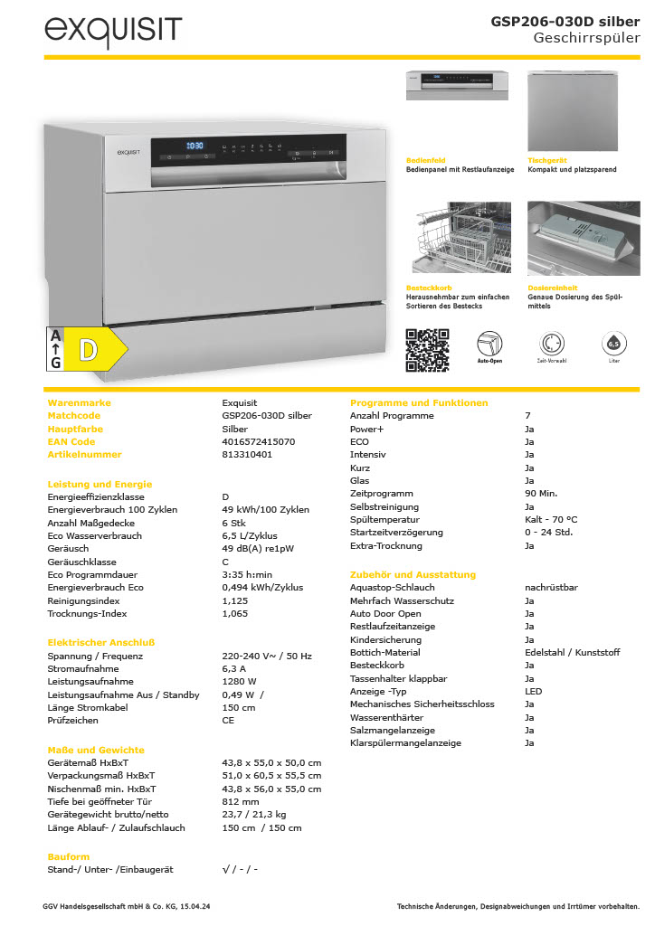 Exquisit GSP206-030D Silber Tischgeschirrspüler, kompakt, 8 Maßgedecke, Edelstahl-Optik Exquisit GSP206-030D Silber Tischgeschirrspüler, kompakt, 8 Maßgedecke, Edelstahl-Optik