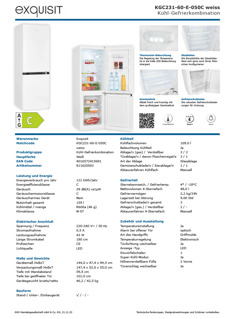Exquisit KGC231-60-E-050C – Energieeffiziente Kühl-Gefrierkombination, 157 Liter, weiß Exquisit KGC231-60-E-050C – Energieeffiziente Kühl-Gefrierkombination, 157 Liter, weiß
