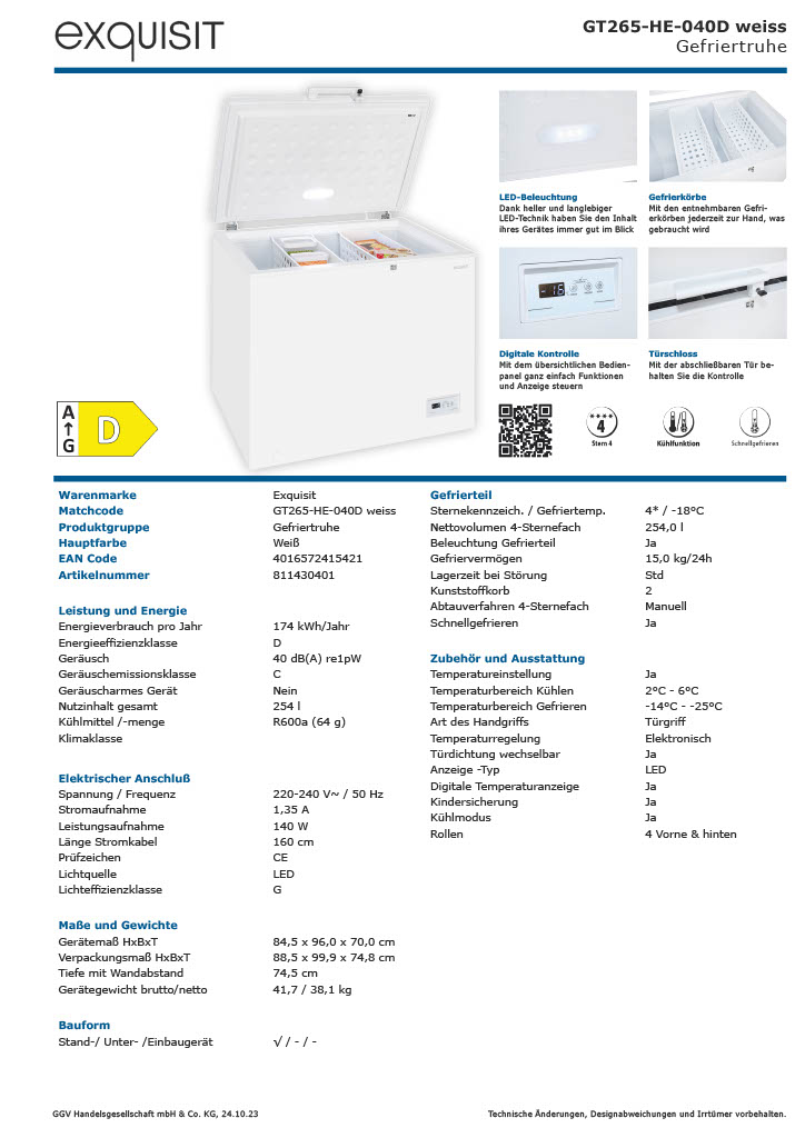 Exquisit GT265-HE-040D Gefriertruhe 254L, 4 Sterne, Schnellgefrieren, Kindersicherung, Energieeffizienz D, weiß