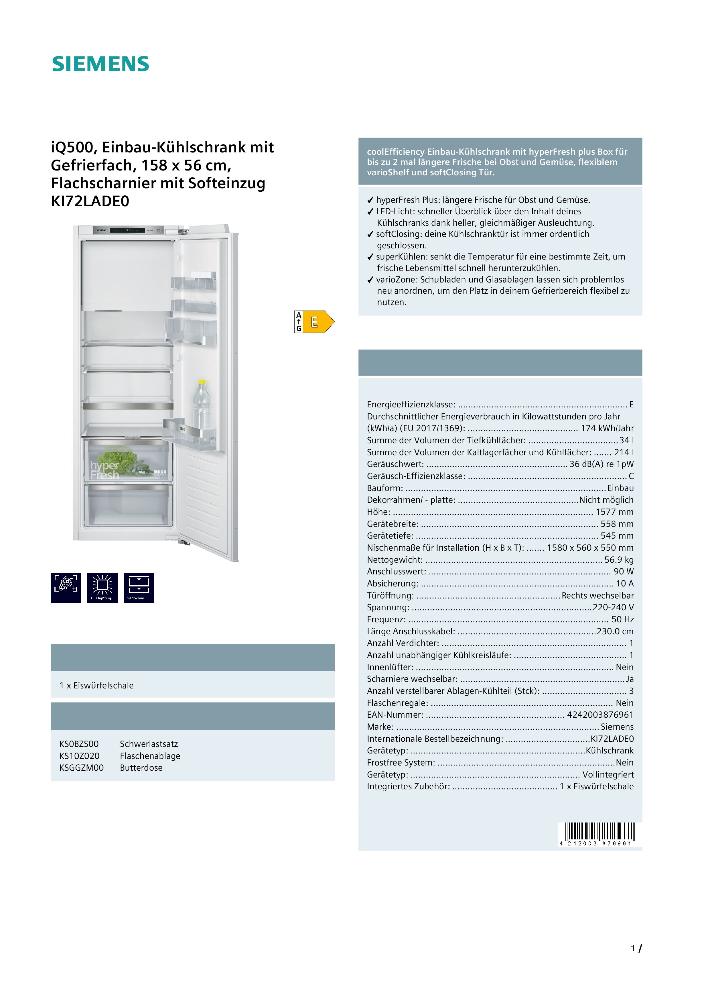 Siemens KI72LADE0 Einbaukühlschrank, 174 kWh/Jahr, Inhalt Kühlbereich 214 Liter Siemens KI72LADE0 Einbaukühlschrank, 174 kWh/Jahr, Inhalt Kühlbereich 214 Liter
