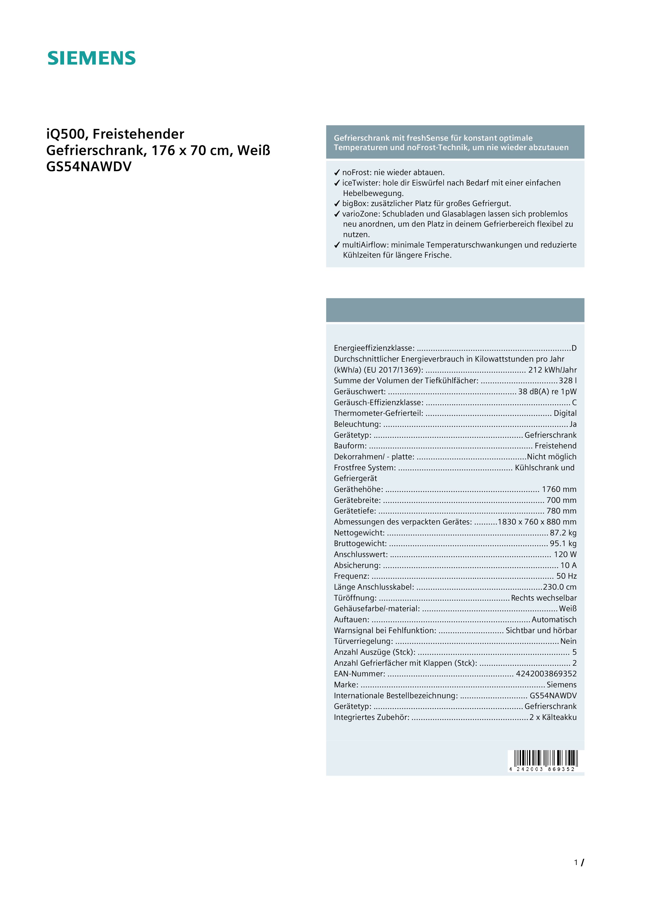 Siemens GS54NAWDV iQ500 Freistehender Gefrierschrank