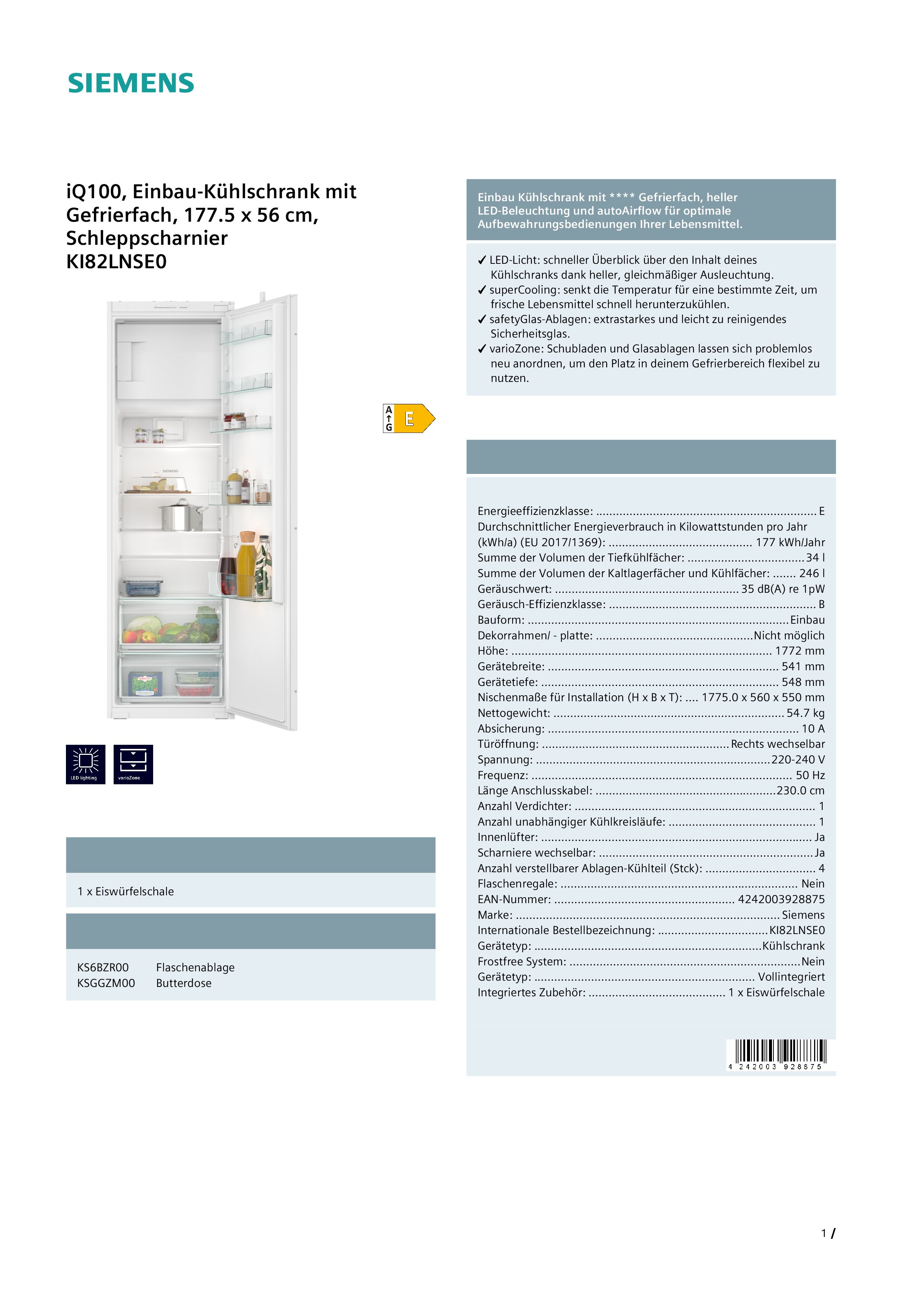 Siemens KI82LNSE0 Einbau-Kühlschrank mit Gefrierfach Siemens KI82LNSE0 Einbau-Kühlschrank mit Gefrierfach