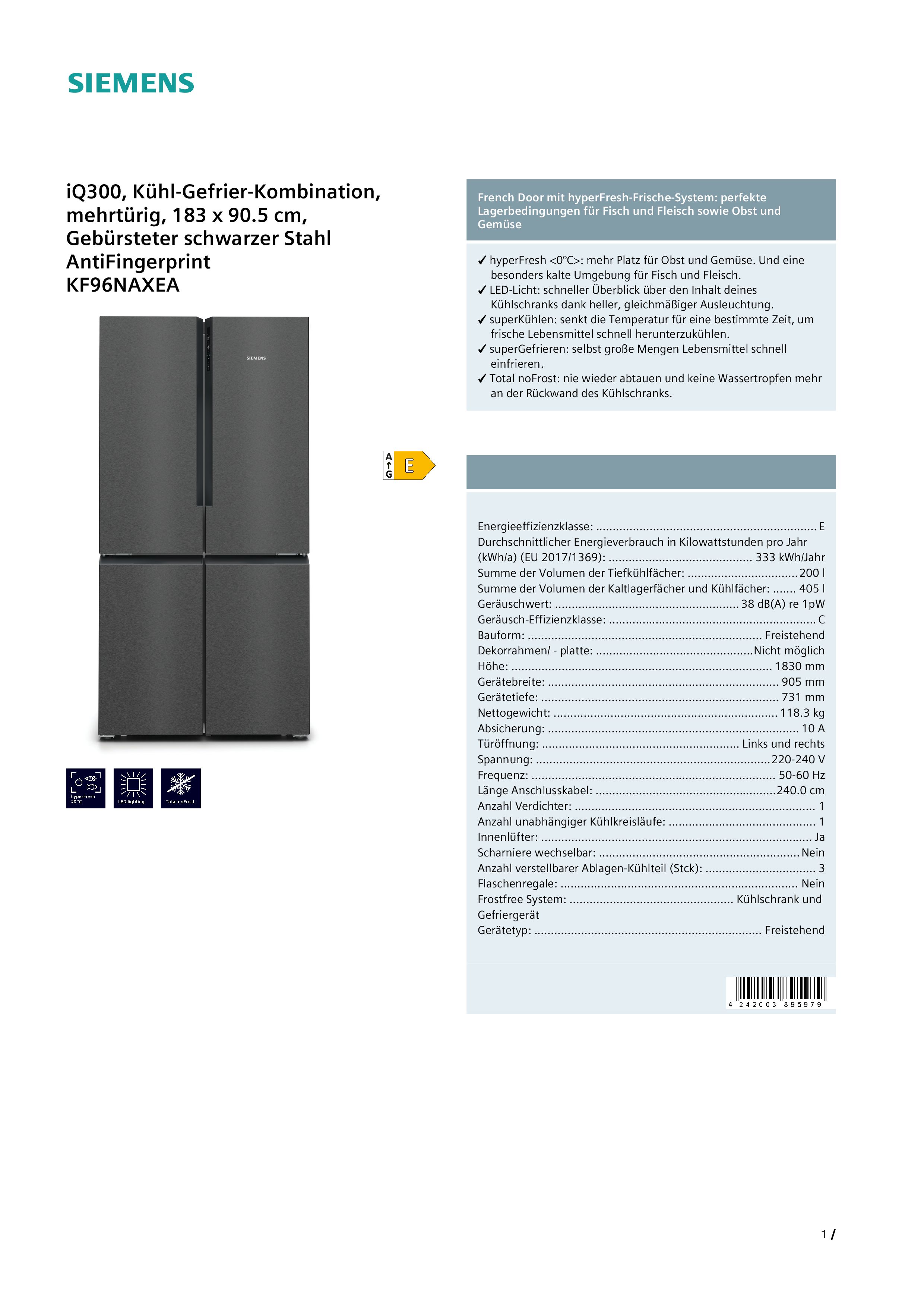 Siemens KF96NAXEA Side-by-Side-Kühlschrank Inhalt Kühlbereich 405 Liter Höhe 183 cm Siemens KF96NAXEA Side-by-Side-Kühlschrank Inhalt Kühlbereich 405 Liter Höhe 183 cm