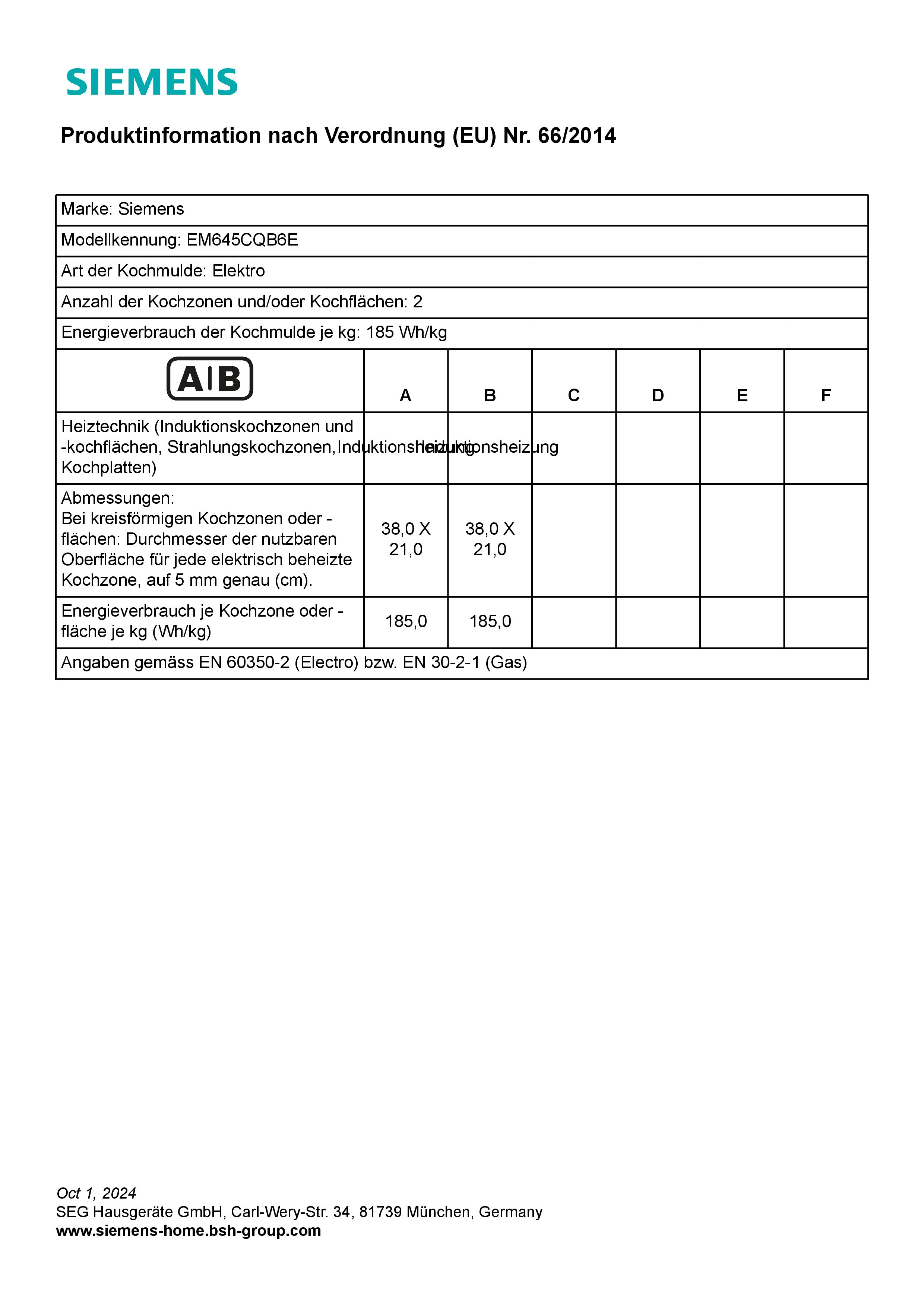Siemens EM645CQB6E Induktionskochfeld  flacher, breiter Rahmen  herdgebunden  aufliegender Einbau  Standardbreite 60