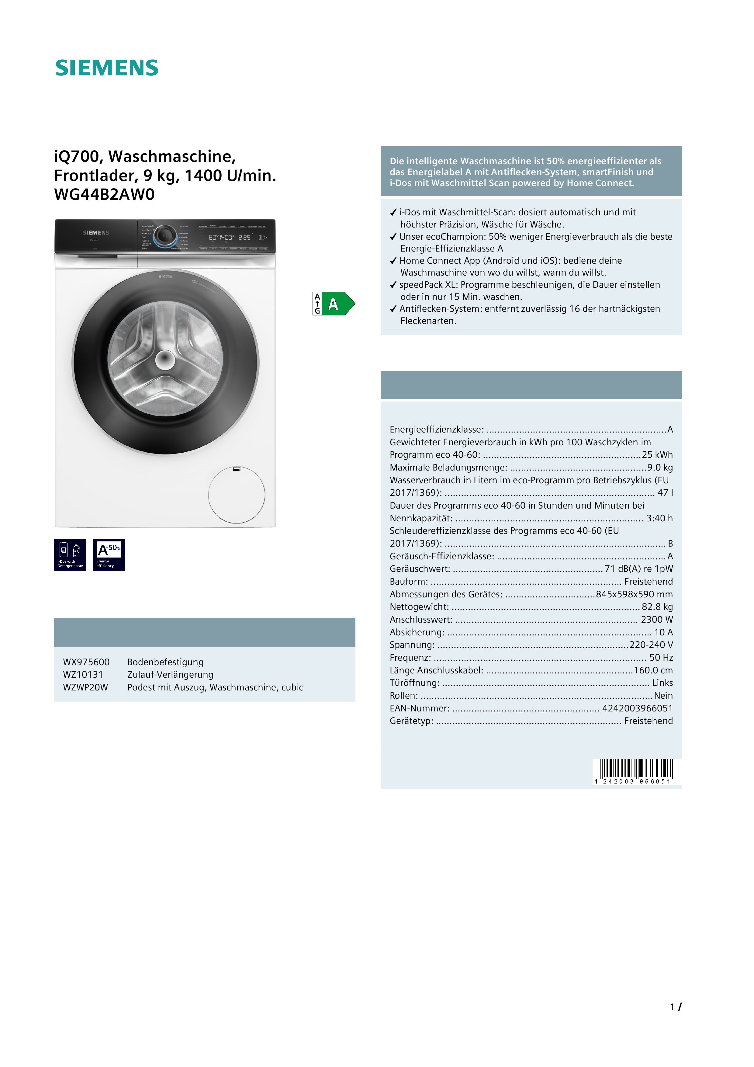 Siemens WG44B2AW0 Waschmaschine Frontlader iQ700 Siemens WG44B2AW0 Waschmaschine Frontlader iQ700