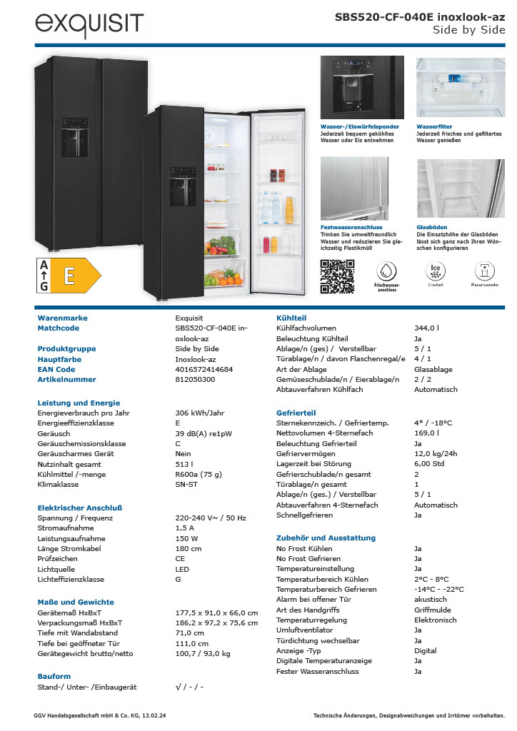 Exquisit SBS520-CF-040E inoxlook-az – Side-by-Side-Kühlschrank mit Eiswürfelspender und 513 Liter Volumen Exquisit SBS520-CF-040E inoxlook-az – Side-by-Side-Kühlschrank mit Eiswürfelspender und 513 Liter Volumen