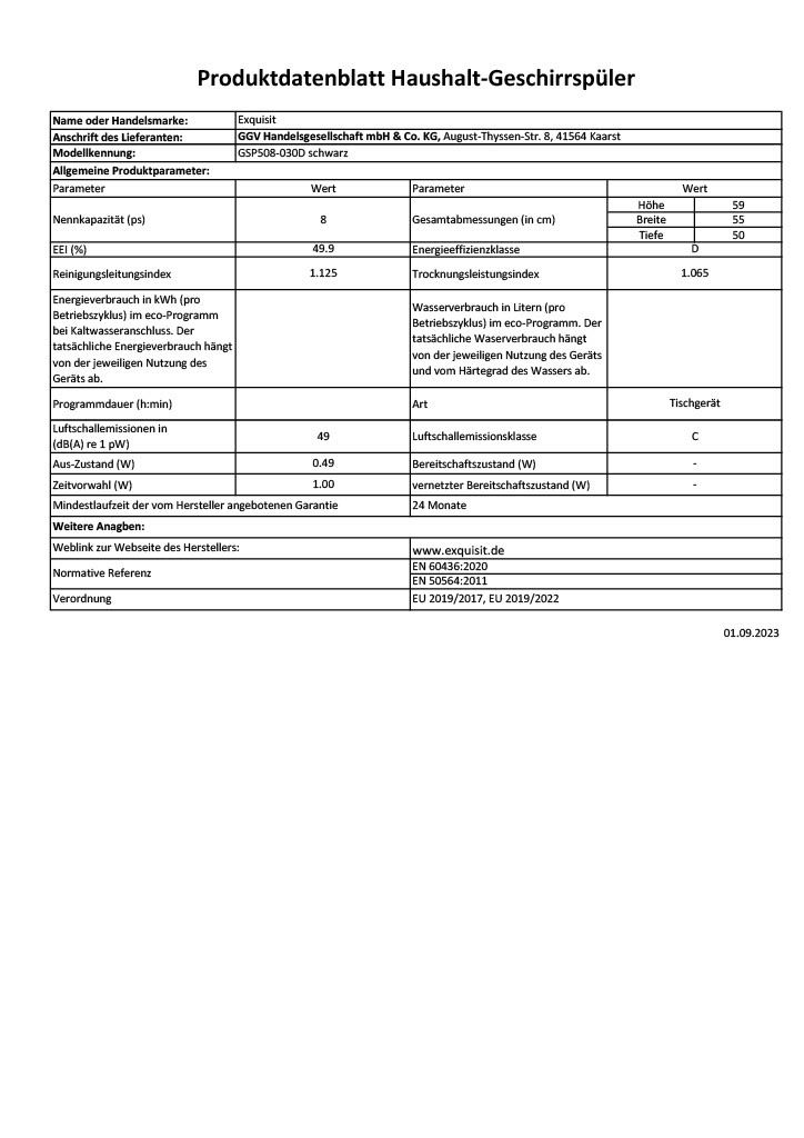 Exquisit GSP508-030D Tischgeschirrspüler, kompakt, 8 Maßgedecke, schwarz