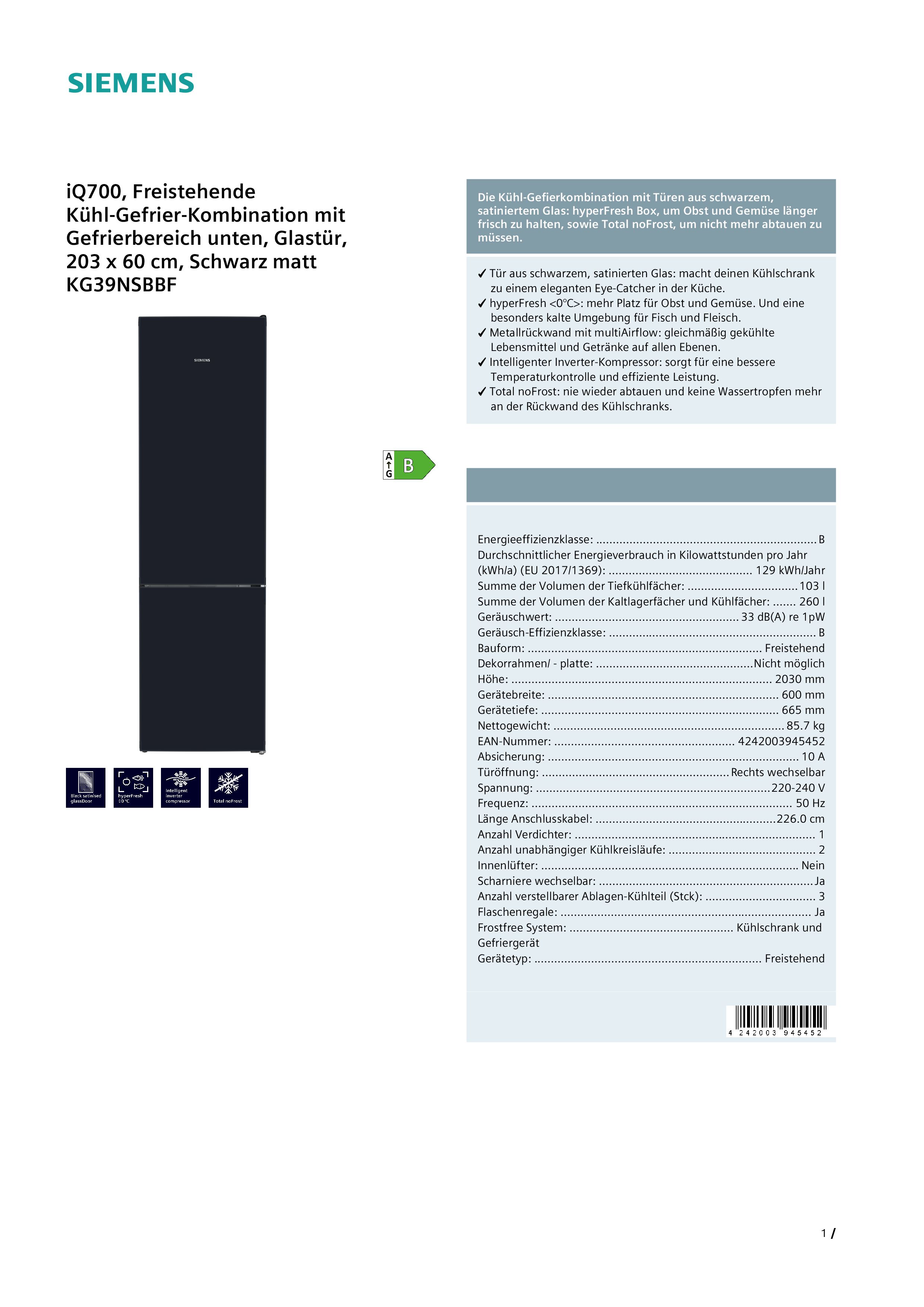 Siemens KG39NSBBF Kühl-Gefrier-Kombination, 203 x 60 cm, 260 L Kühlen und 103 L Gefrieren Siemens KG39NSBBF Kühl-Gefrier-Kombination, 203 x 60 cm, 260 L Kühlen und 103 L Gefrieren