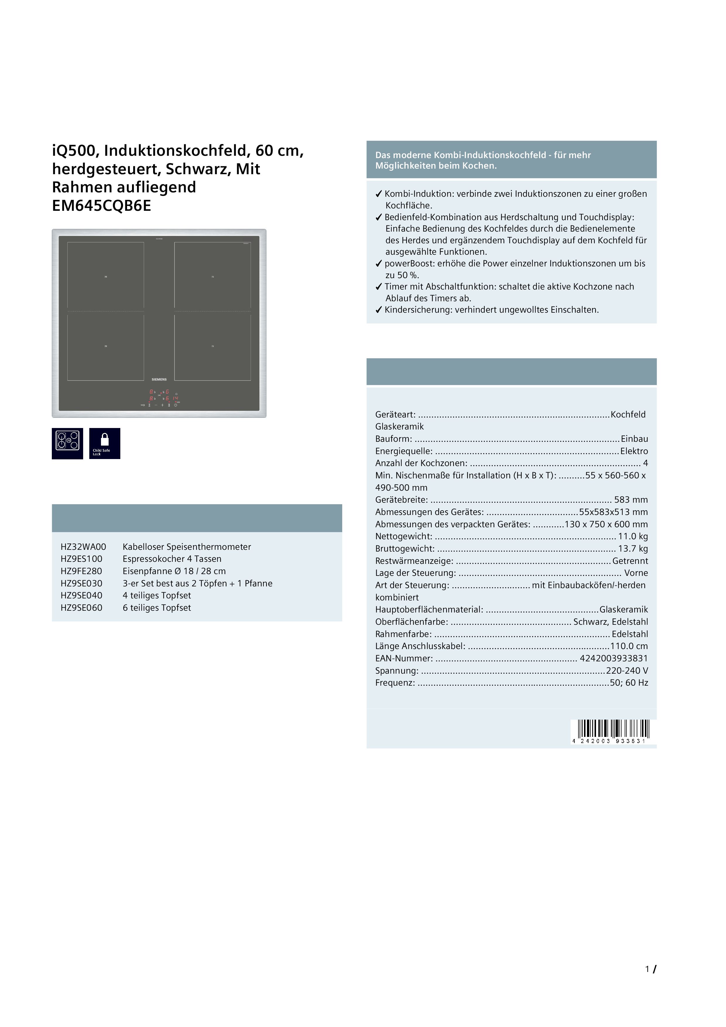 Siemens EM645CQB6E Induktionskochfeld  flacher, breiter Rahmen  herdgebunden  aufliegender Einbau  Standardbreite 60