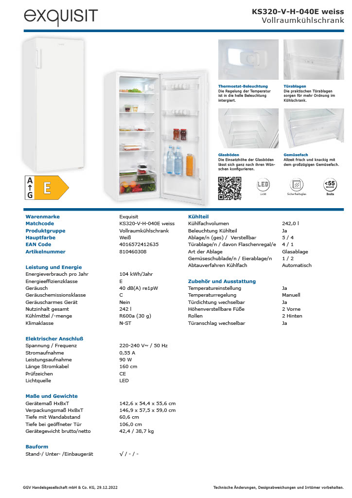 Exquisit KS320-V-H-040E weiß – Freistehender Standkühlschrank, 242 Liter