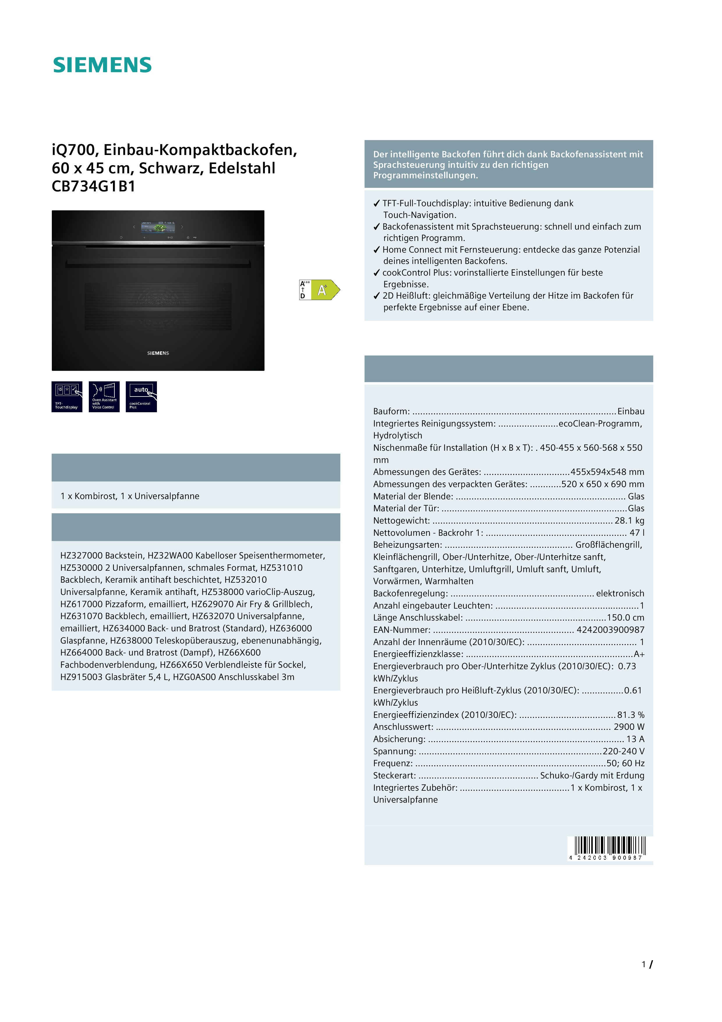 Siemens CB734G1B1 Kompaktbackofen 47 Liter Hydrolyse WLAN-fähig Heißluft Grill Siemens CB734G1B1 Kompaktbackofen 47 Liter Hydrolyse WLAN-fähig Heißluft Grill