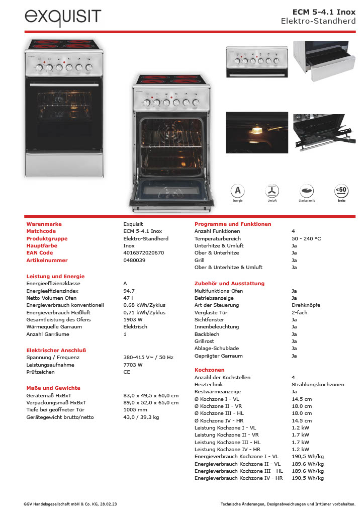 Exquisit ECM 5-4 inox Standherd mit Glaskeramik-Kochfeld, 46L, Energieeffizienzklasse A