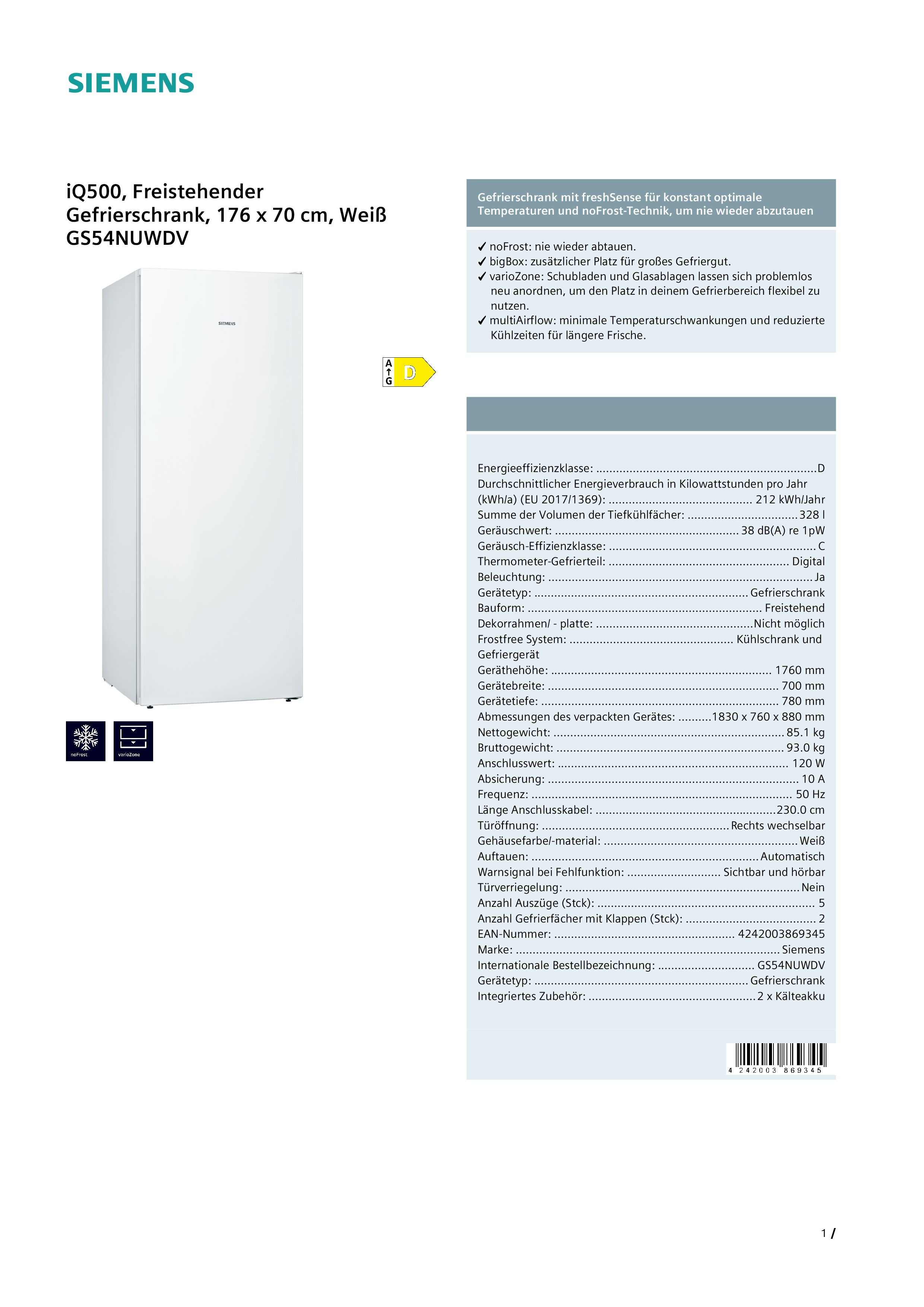 Siemens GS54NUWDV  Standgefrierschrank   328 Liter