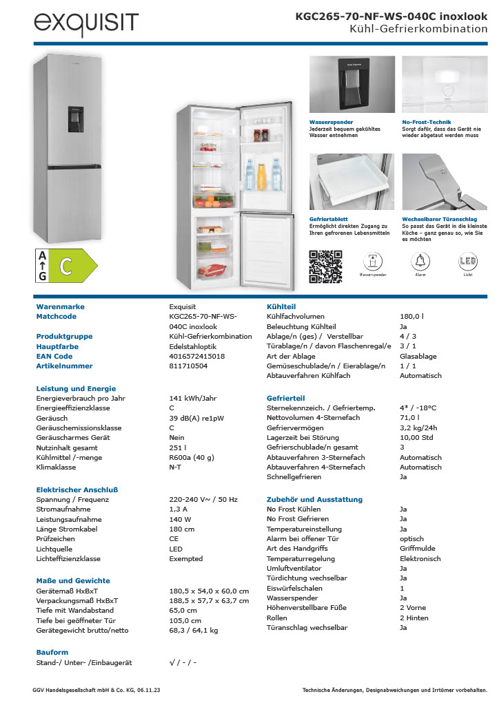 Exquisit  KGC265-70-NF-WS-040C Kühl-Gefrierkombination – 251 Liter, Wasserspender, freistehend