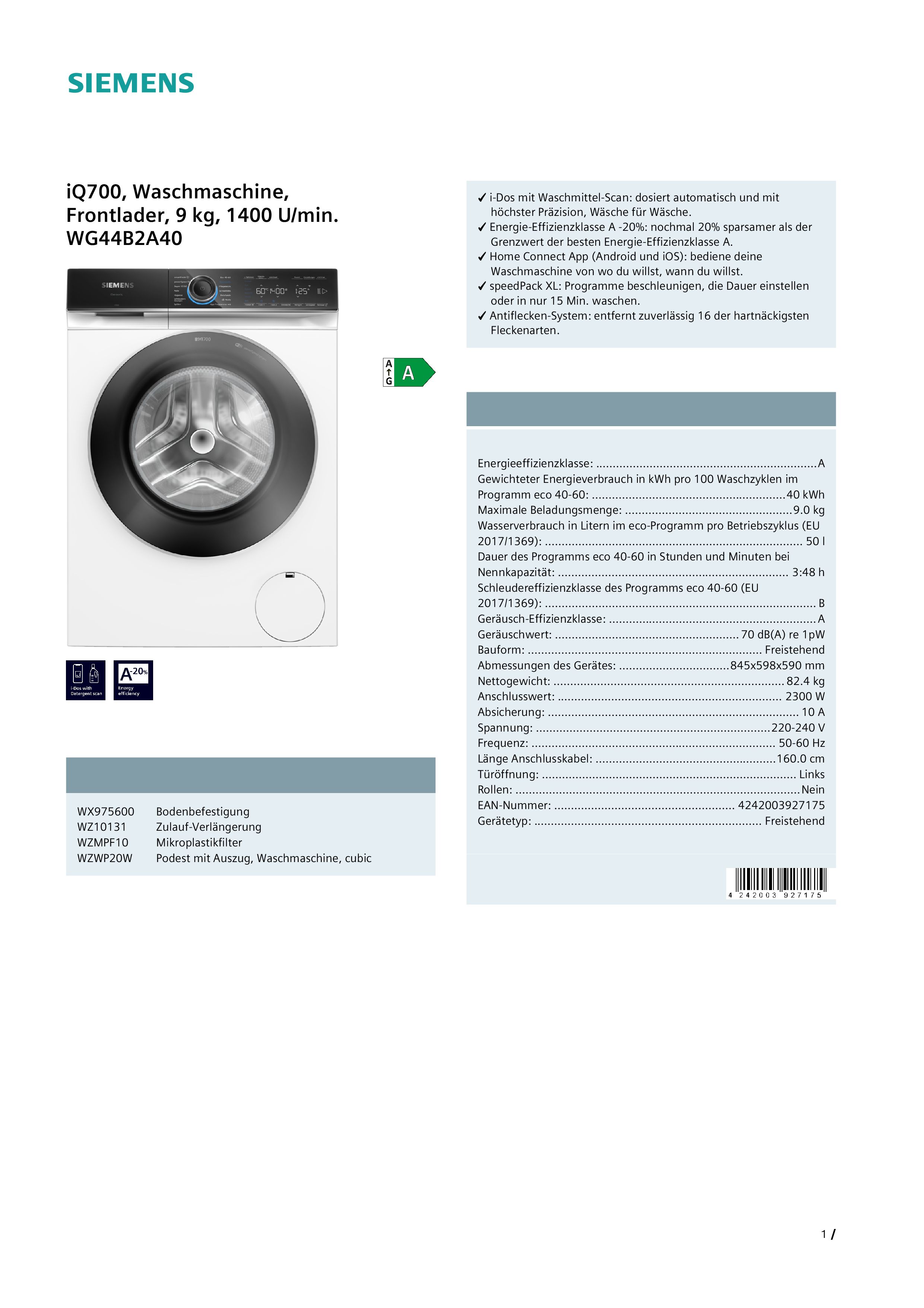 Siemens WG44B2A40 Waschmaschine  Frontlader  9 kg  1.400 U/Min  WLAN (Wi-Fi)