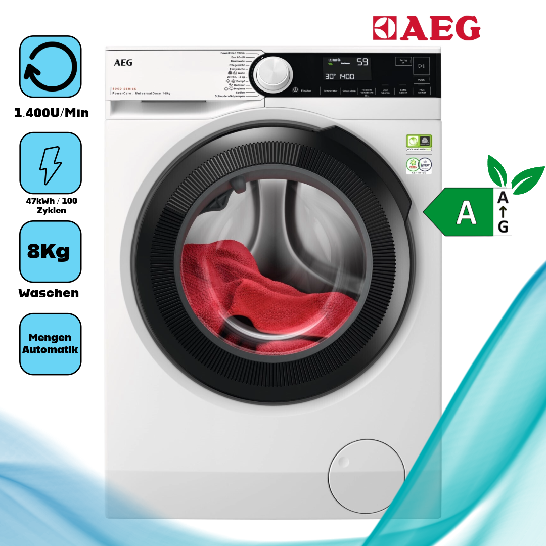 AEG LR8E70480  Frontlader  8 kg  1.400 U/Min  Startzeitvorwahl  240 min Waschdauer 