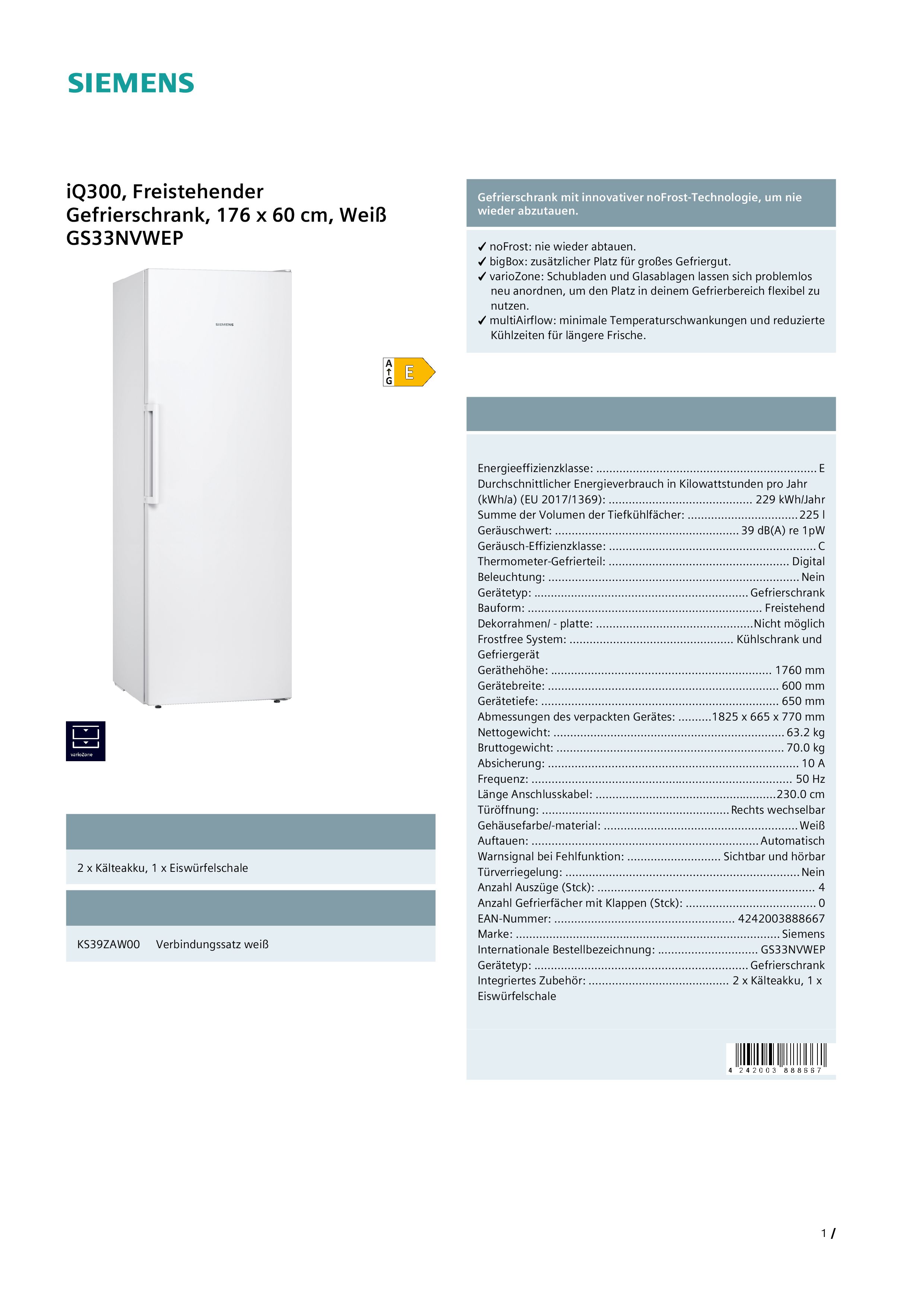 Siemens GS33NVWEP iQ300 Freistehender Gefrierschrank