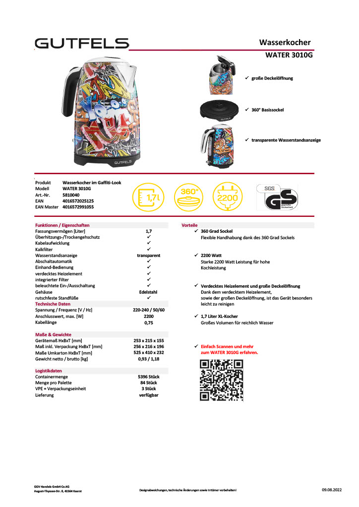 Gutfels WATER 3010 G Wasserkocher – 1,7 Liter, Edelstahl, 2.200 W, bunt