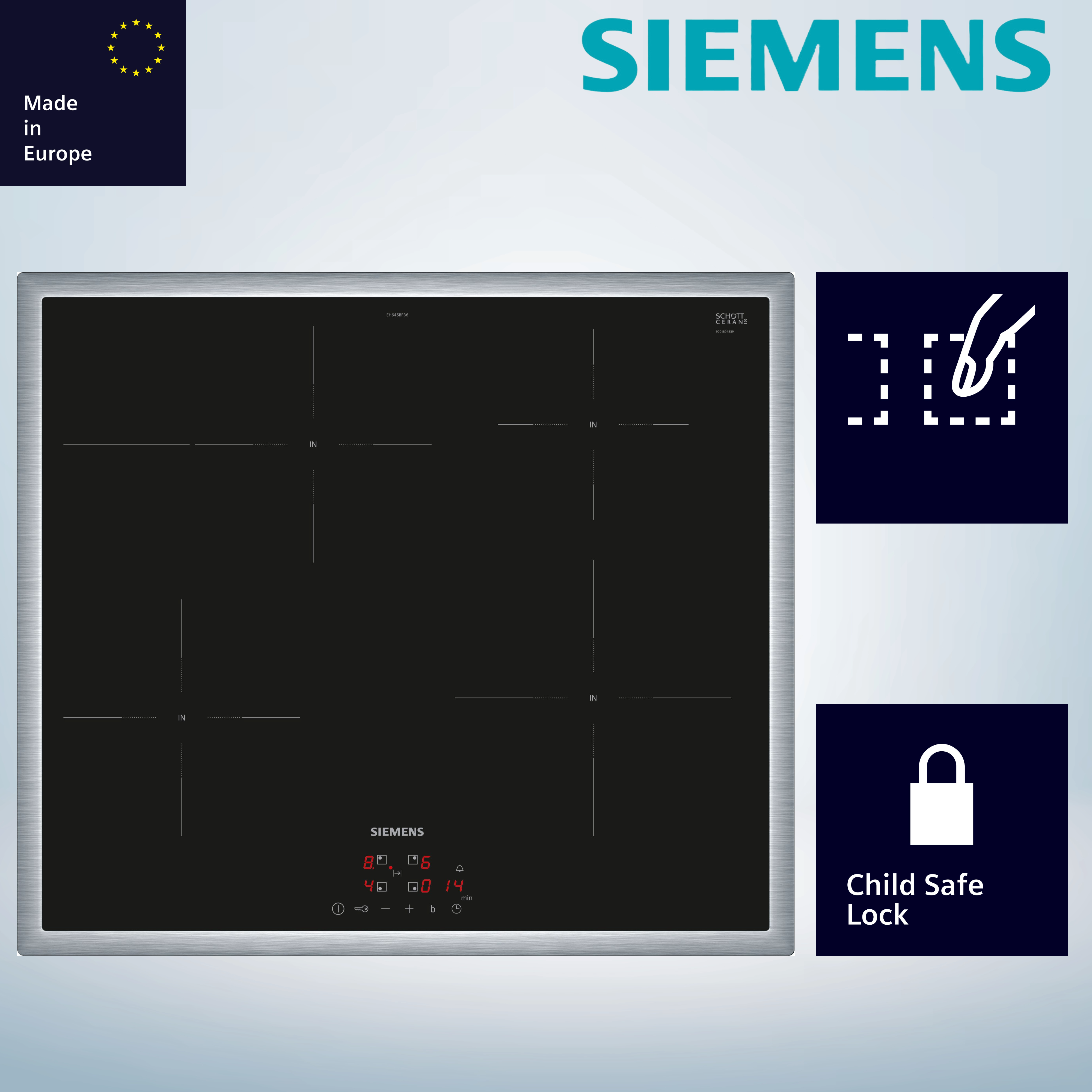 Siemens EH645BFB6E Induktionskochfeld  flacher, breiter Rahmen  autark  aufliegender Einbau  Standardbreite 60 