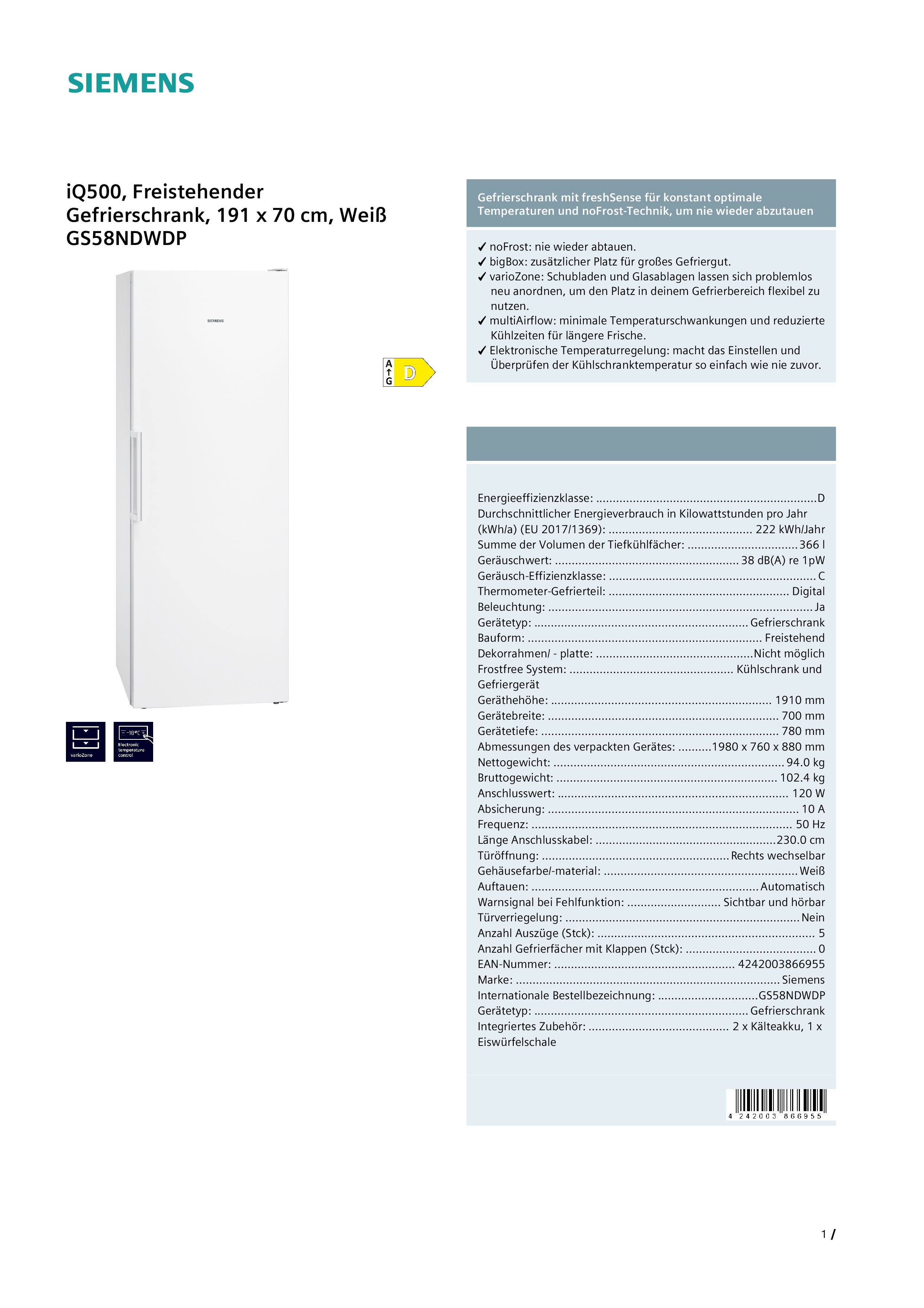 Siemens GS58NDWDP iQ500 Freistehender Gefrierschrank
