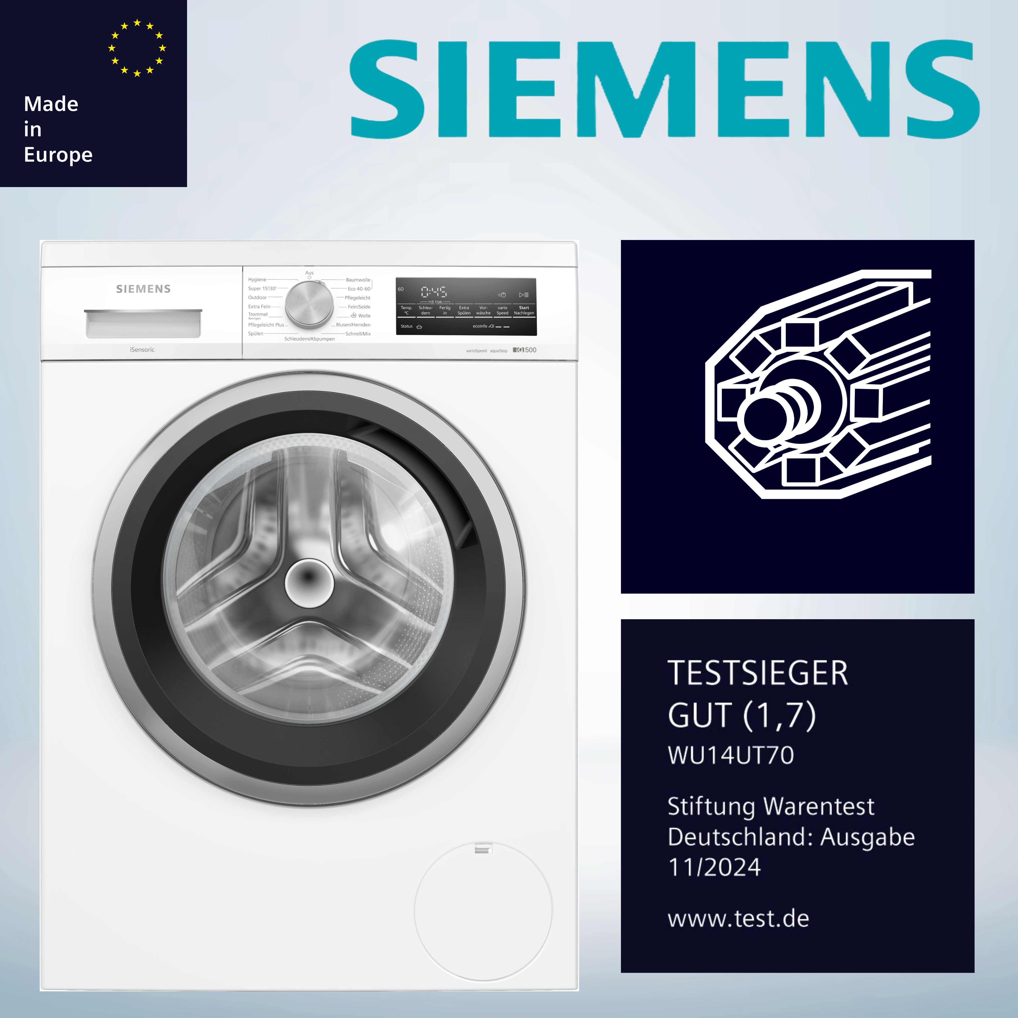 Siemens WU14UT70 Waschmaschine iQ500, Frontlader mit 8kg Fassungsvermögen, 1400 UpM, unterbaufähig