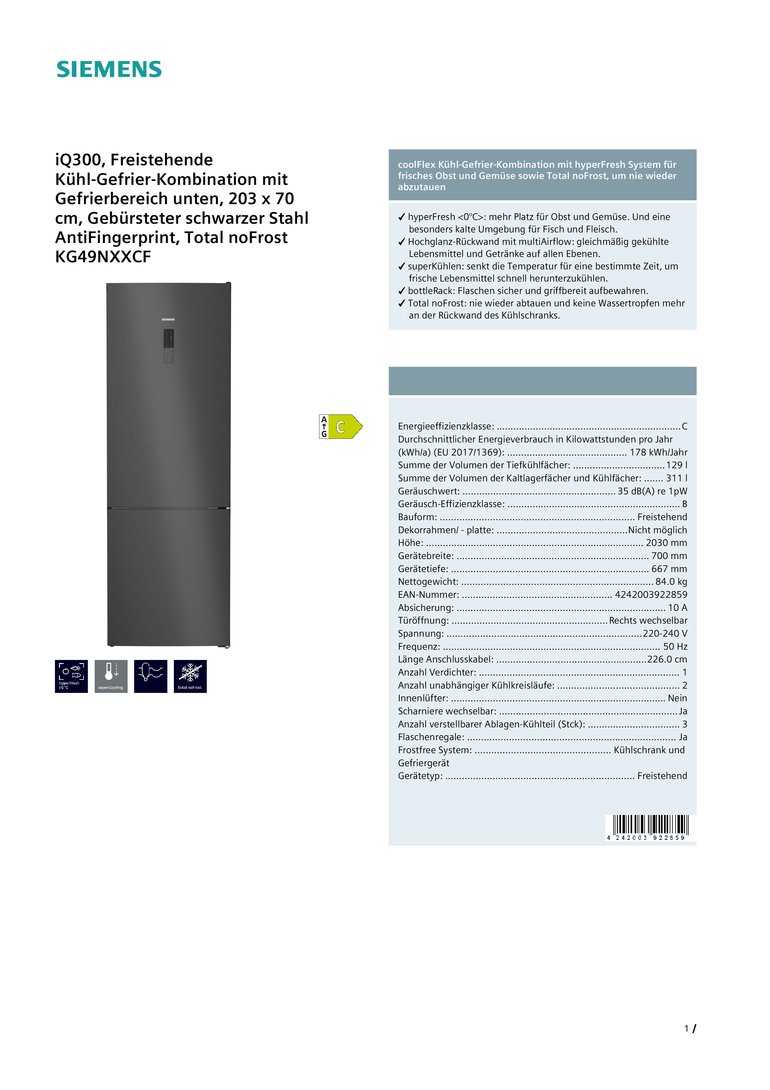Siemens KG49NXXCF Kühl-Gefrierkombination Inhalt Kühlbereich 311 Liter Höhe 203 cm Siemens KG49NXXCF Kühl-Gefrierkombination Inhalt Kühlbereich 311 Liter Höhe 203 cm