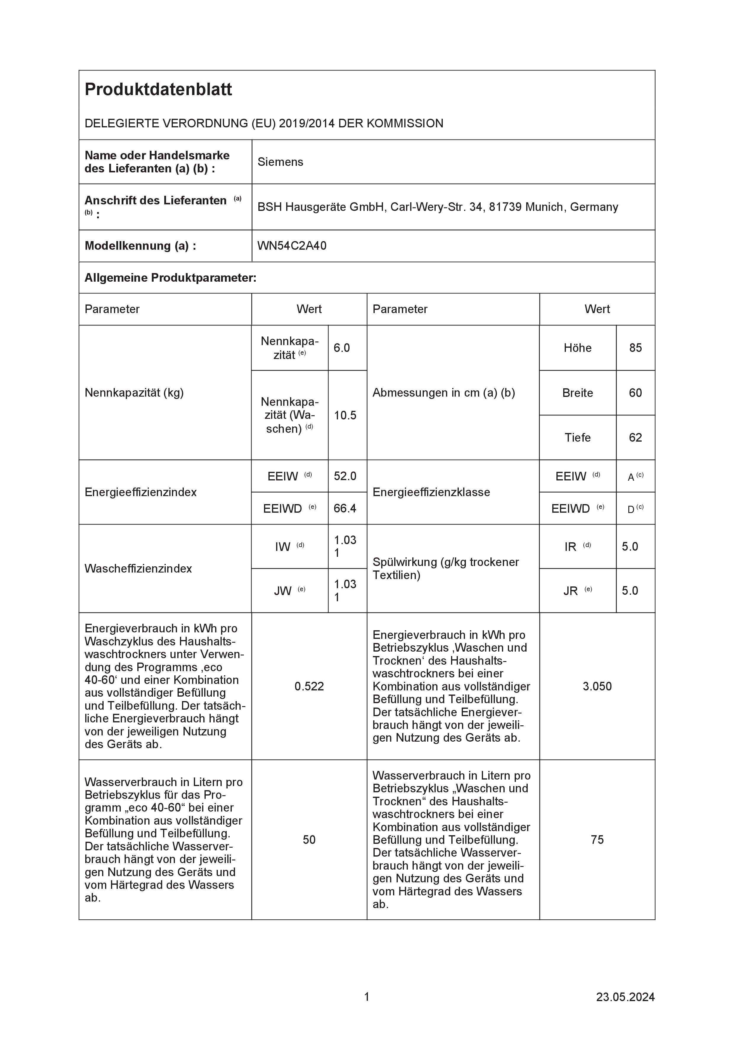 Siemens WN54C2A40 iQ700 Smarter Waschtrockner 10,5/6 kg, i-Dos - automatische Dosierung