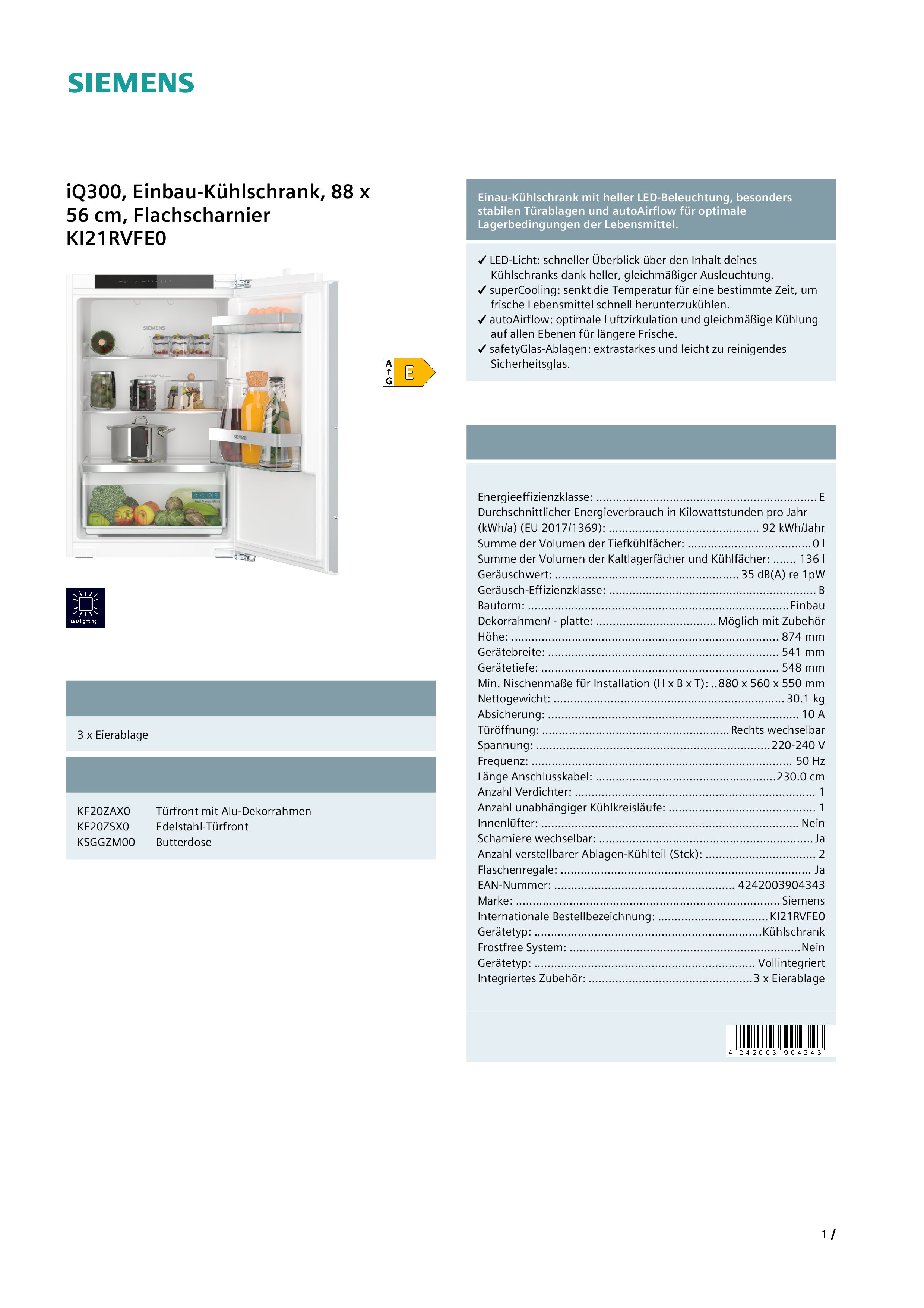 Siemens KI21RVFE0 Vollraumkühlschrank  Inhalt Kühlbereich 136 Liter