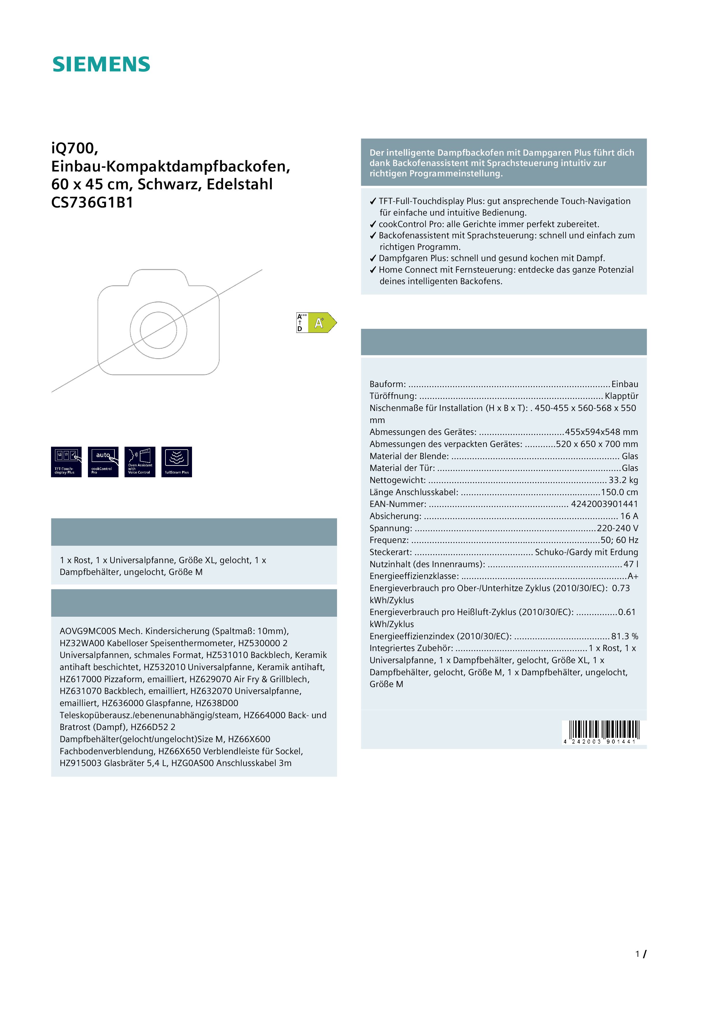 Siemens CS736G1B1 Kompaktbackofen 47 Liter Hydrolyse WLAN-fähig Siemens CS736G1B1 Kompaktbackofen 47 Liter Hydrolyse WLAN-fähig