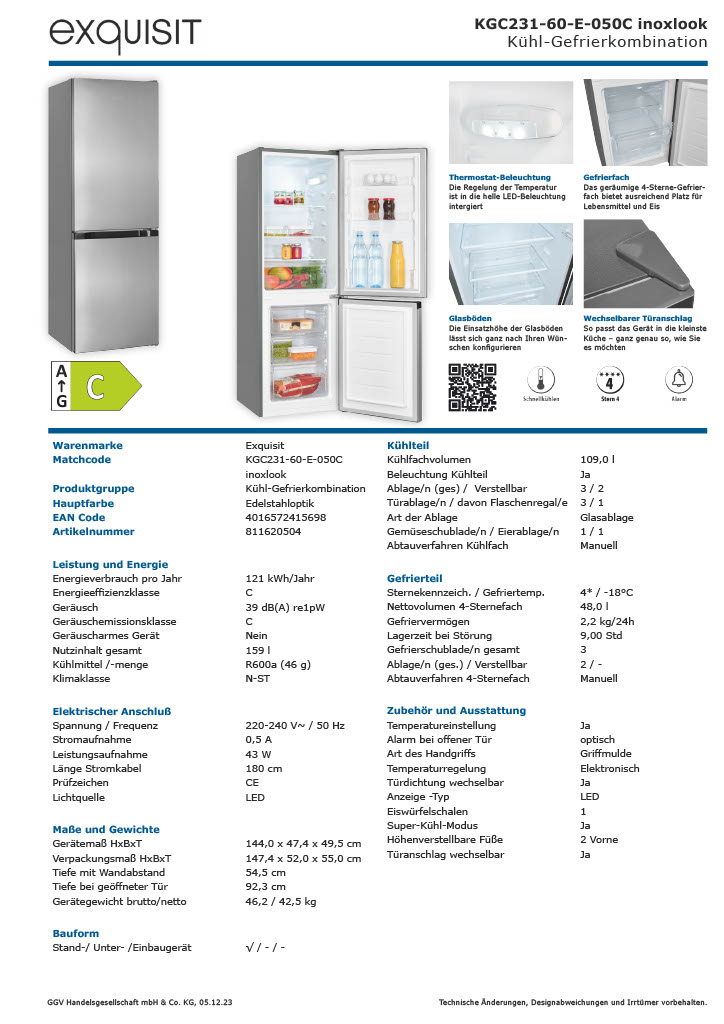 Exquisit KGC231-60-E-050C – Moderne Kühl-Gefrierkombination, inoxlook, 157 Liter, freistehend Exquisit KGC231-60-E-050C – Moderne Kühl-Gefrierkombination, inoxlook, 157 Liter, freistehend