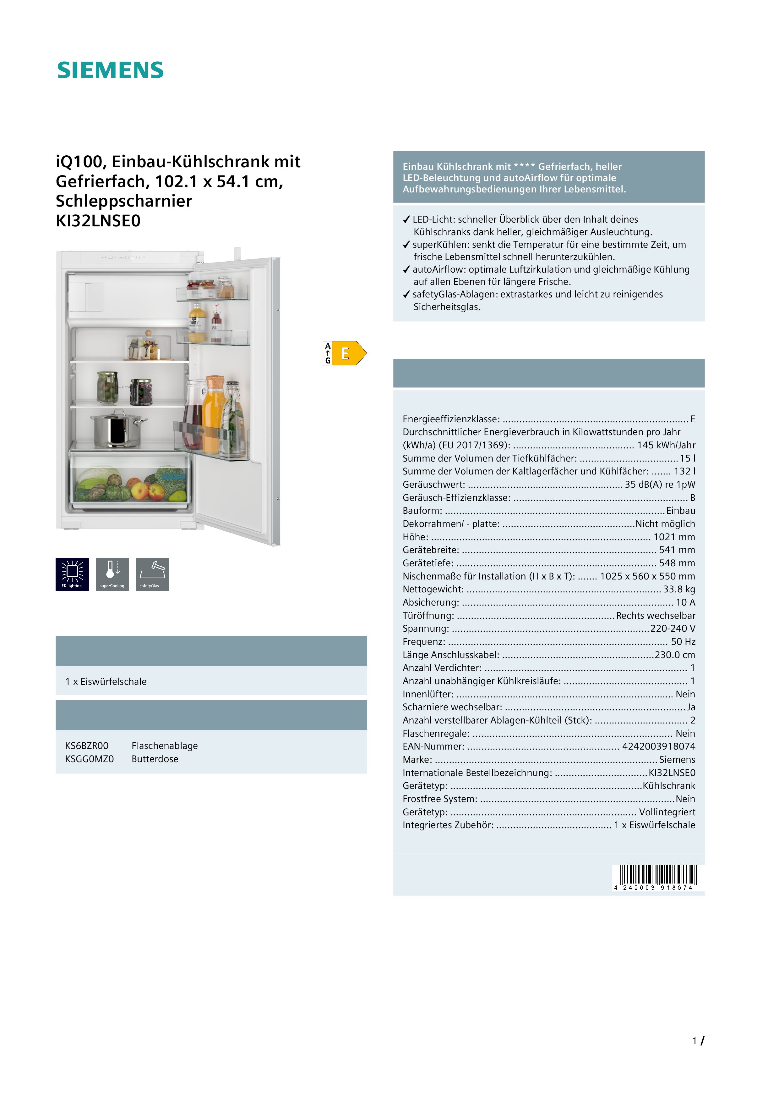 Siemens KI32LNSE0 Einbau-Kühlschrank iQ100, integrierbarer Kühlautomat mit Gefrierfach Siemens KI32LNSE0 Einbau-Kühlschrank iQ100, integrierbarer Kühlautomat mit Gefrierfach