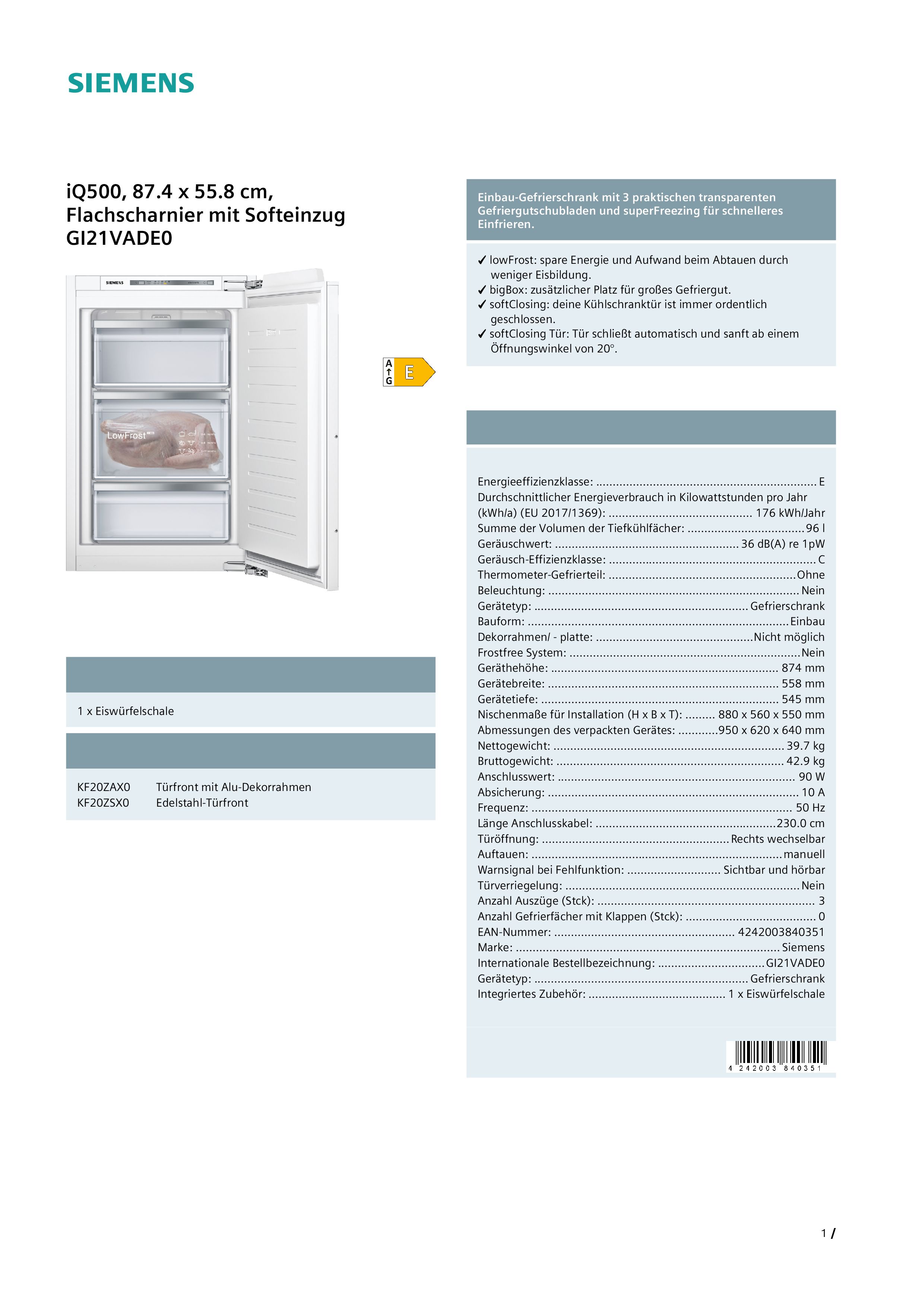 Siemens GI21VADE0  Einbaugefrierschrank  176 kWh/Jahr  96 Liter