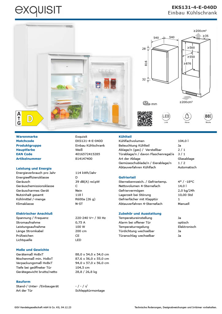 Exquisit EKS131-4-E-040D – Einbaukühlschrank mit Gefrierfach, 118 Liter und LED-Beleuchtung Exquisit EKS131-4-E-040D – Einbaukühlschrank mit Gefrierfach, 118 Liter und LED-Beleuchtung